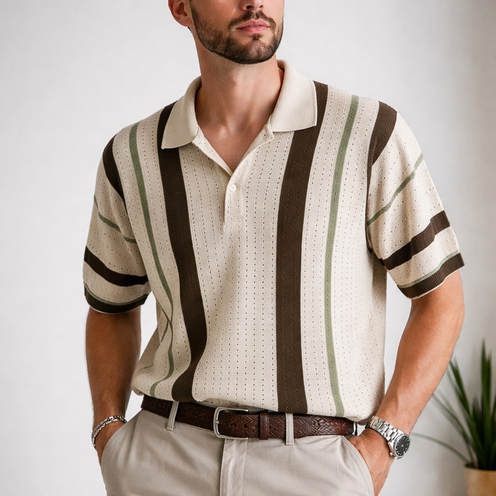 Art of Rhetoric Mens Knit Shirt Cream Green Striped Retro Preppy Smoking Sweater